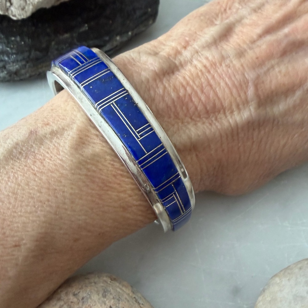 Vintage Navajo Native American Inlay Lapis Bracelet by Wilbur Yazzie - Picture 8 of 14
